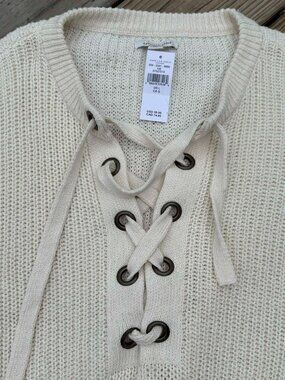 AE Cream Lace-Up  chunky Knit Sweater Boho Cozy Minimalist Cottagecore 3278